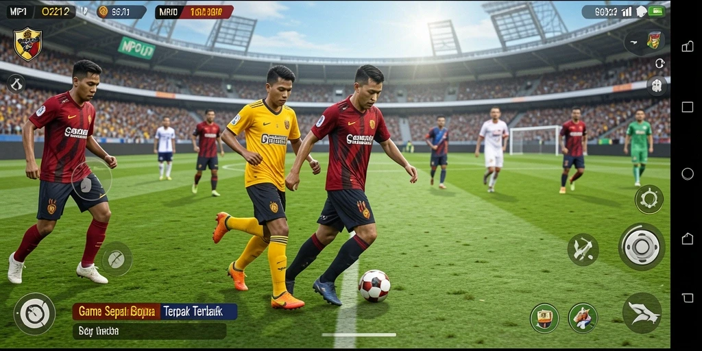 Tangkapan layar utama MPO2121 menampilkan aksi seru di lapangan sepak bola.