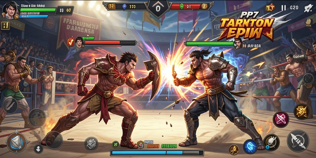 Screenshot utama PP7 menampilkan karakter bertarung dengan animasi menakjubkan.