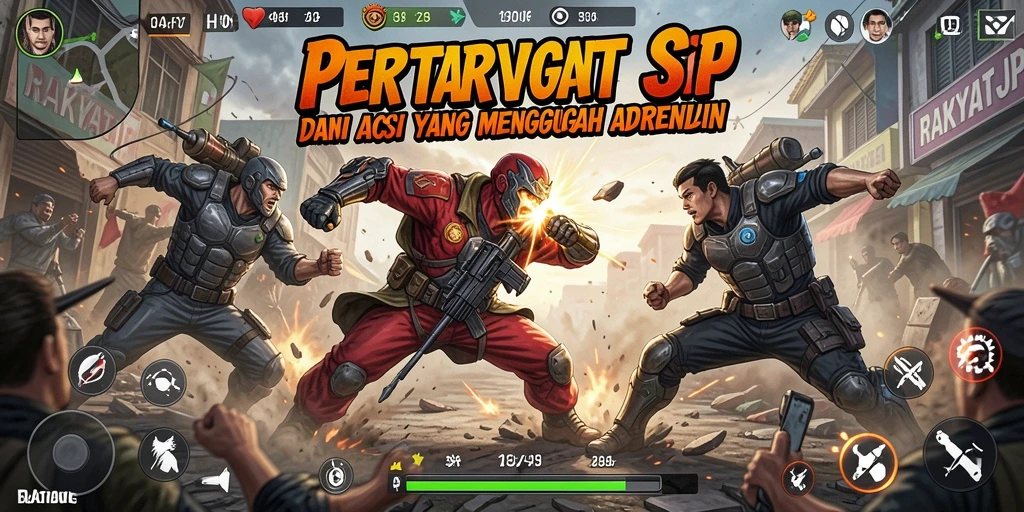 Tangkapan layar RAKYATJP menampilkan aksi mendebarkan dalam pertempuran intens.