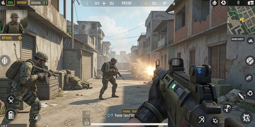 Tangkapan layar gameplay intens dari RR999 saat beraksi di medan perang.