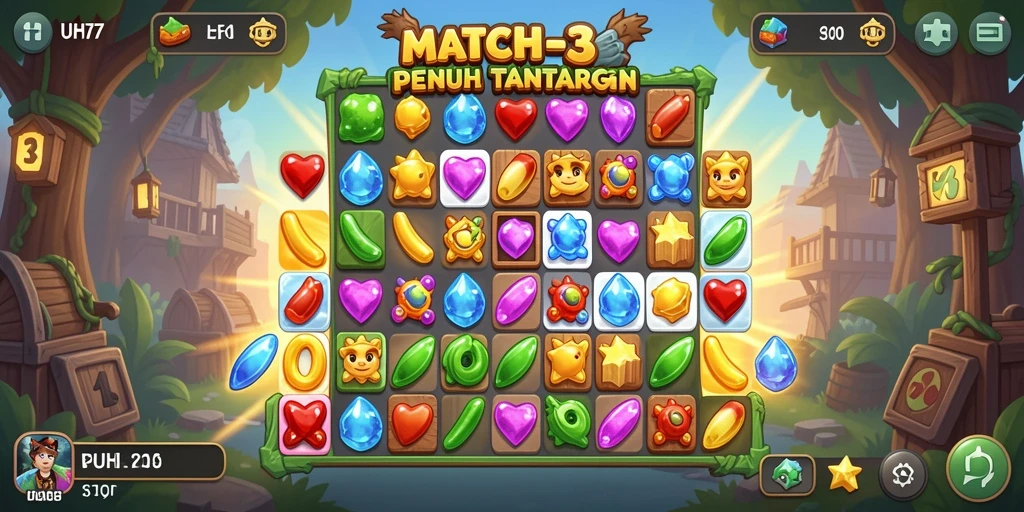 Tampilan screenshot UH77 menunjukkan gameplay Match-3 yang menantang dan seru.